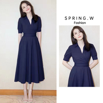 蓝色法式连衣裙高级夏季