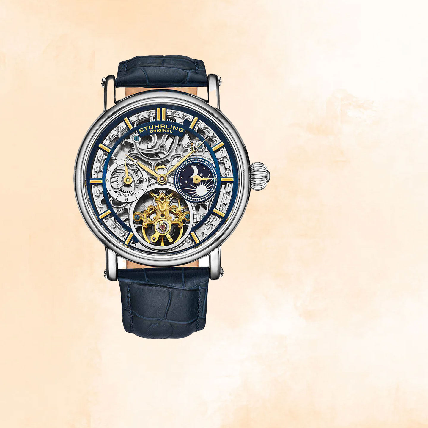 STUHRLING男士自动机械表镂空月相商务腕表蓝皮带银盘双时间