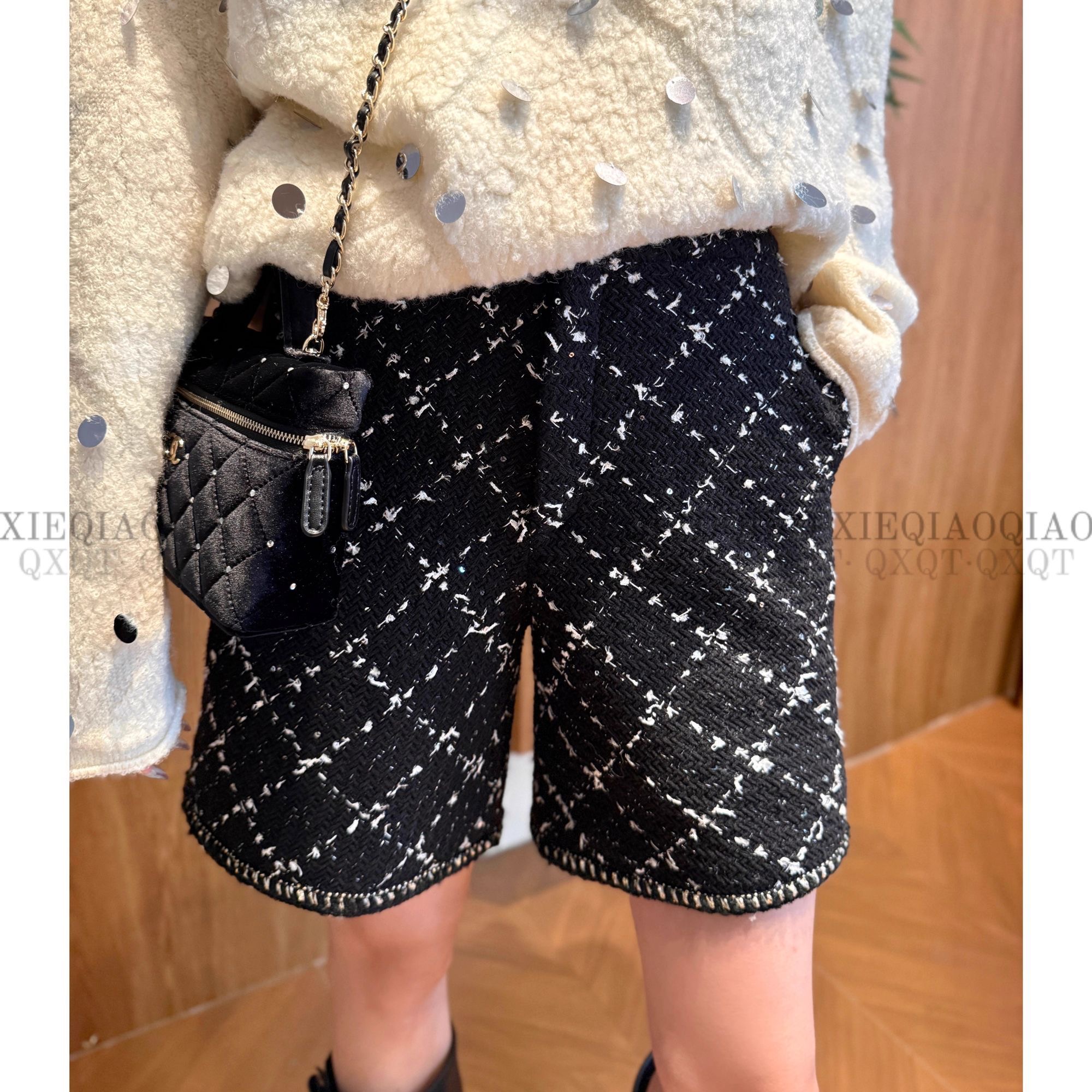 cici酱小香风秋冬粗花呢法式香风休闲高腰显瘦气质短裤裤子新款