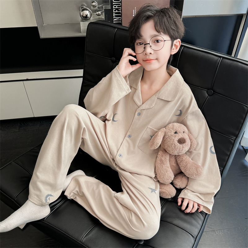 男童睡衣套装纯棉2025新款儿童韩版家居服春秋款中大童条纹开衫潮