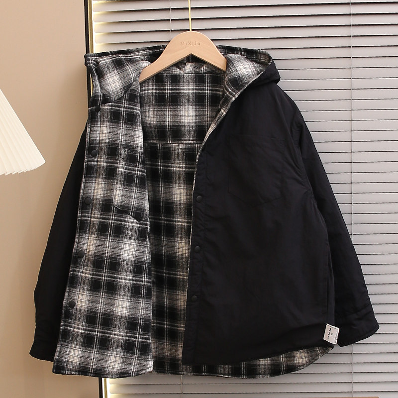 中童装男童冬装外套2025新款儿童秋冬格子夹棉加厚双面穿连帽男孩