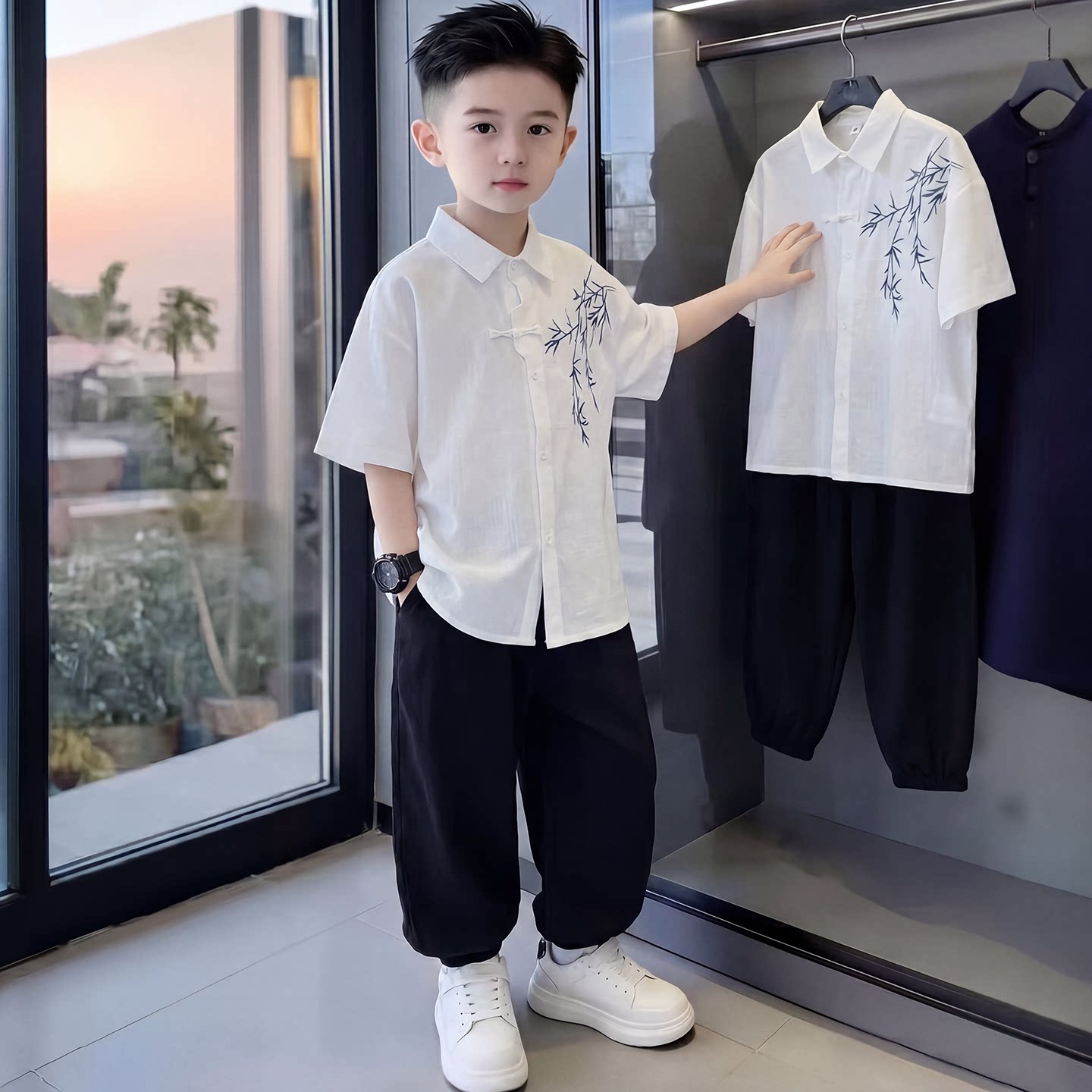 男童短袖衬衫套装夏季2026棉麻复古刺绣汉服中大童新中式国风夏装