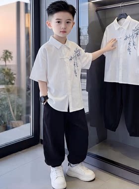 男童棉麻刺绣汉服短袖套装夏季