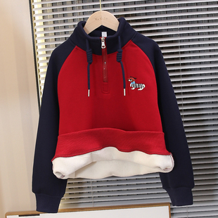 5男童红色卫衣加绒2026新款6秋冬12儿童新年衣服15岁上衣加厚外套