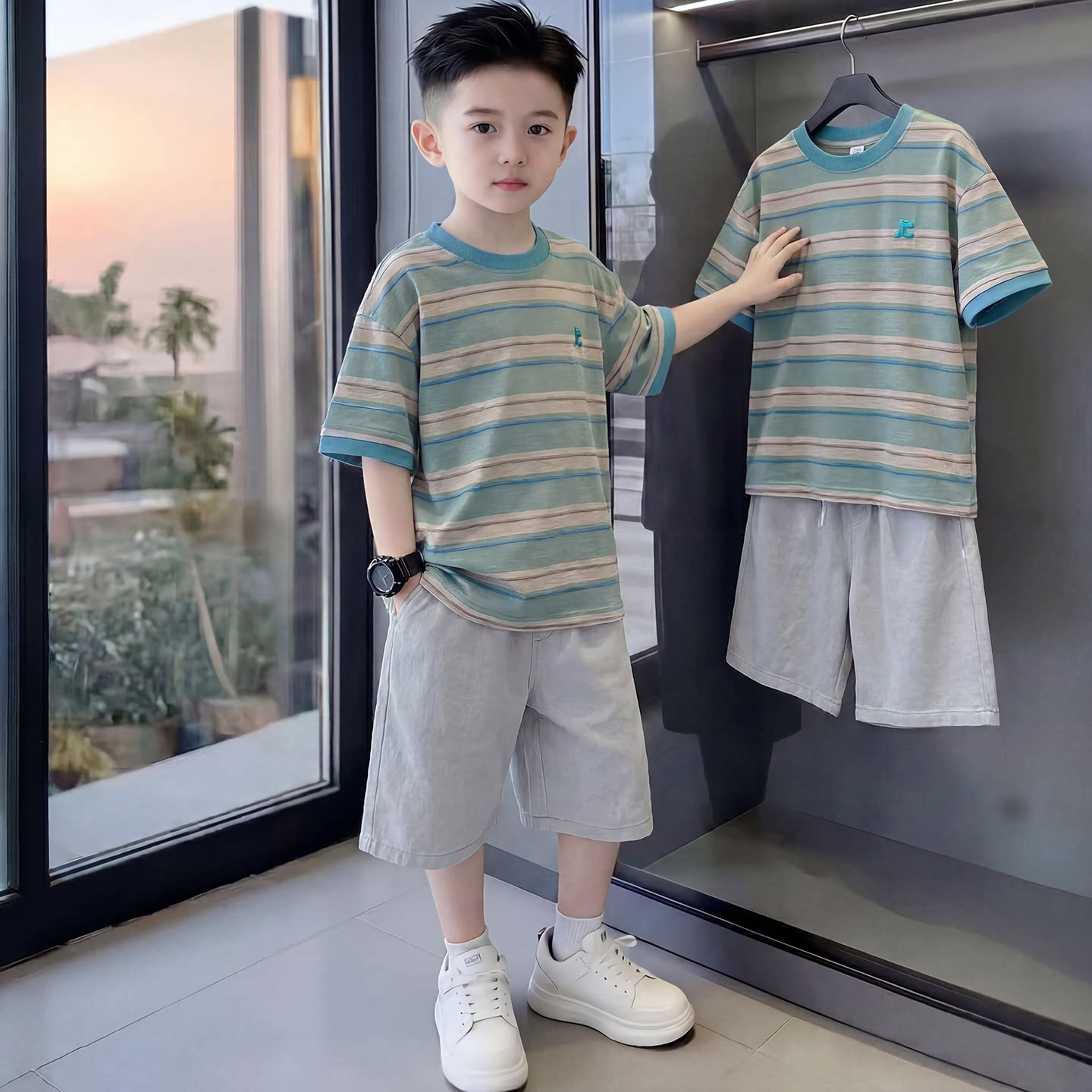 痞帅男童套装夏季薄款2026新款儿童夏装短袖运动服大童夏款衣服潮