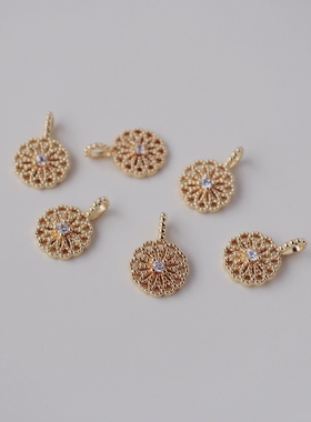 14K包金镀金保色镂空复古圆挂牌直径10mm制作diy串珠手链材料挂牌