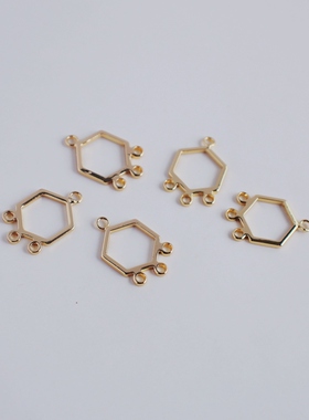 14K包金镀金保色六边形三挂流苏镂空牌10mm制作diy手工耳环配饰