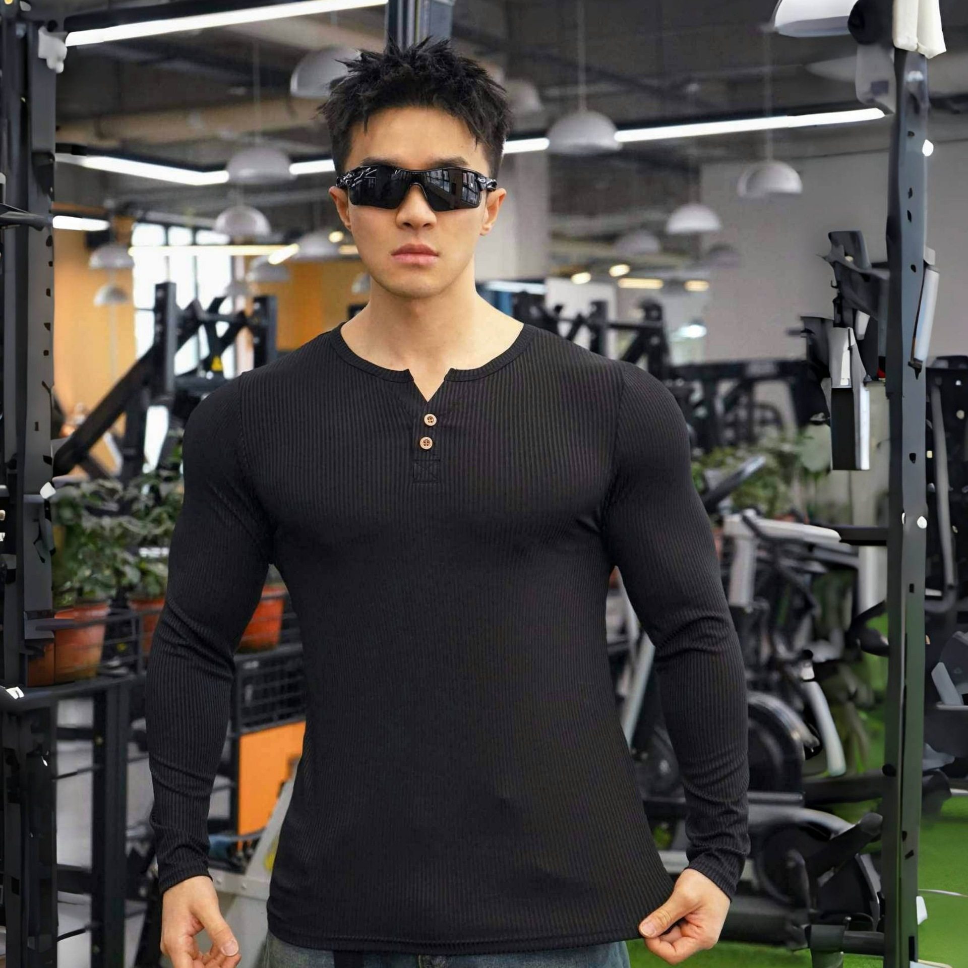 肌肉运动休闲半扣修身长袖男士篮