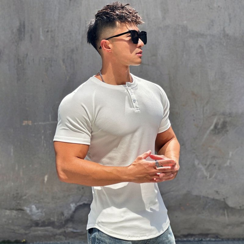 运动修身健身短袖男美式亨利衫训练上衣纯色弹力显肌肉收袖口T恤,运动服/休闲服装,运动T恤,淘宝优惠券,粉丝福利购,淘宝优惠卷