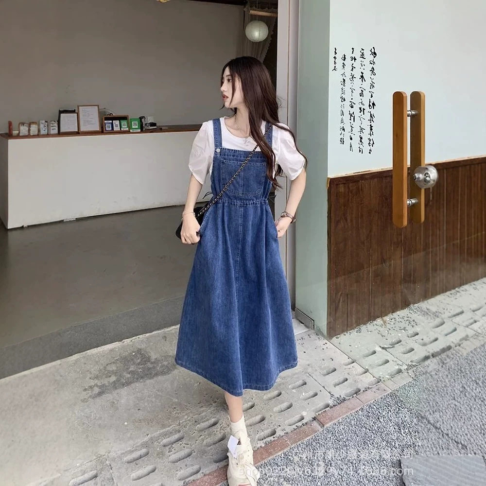 收腰显瘦中长款牛仔背带连衣裙女夏季新款时尚韩版宽松吊带裙女装