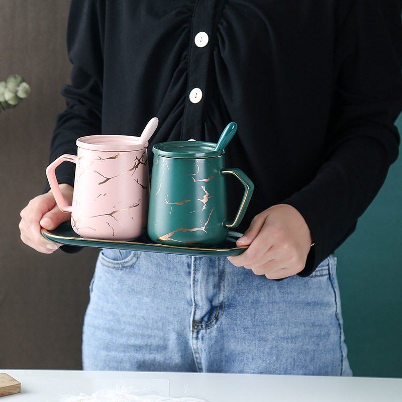 马克杯带盖勺简约复古水杯子情侣家用喝水创意潮流大陶瓷杯有手柄