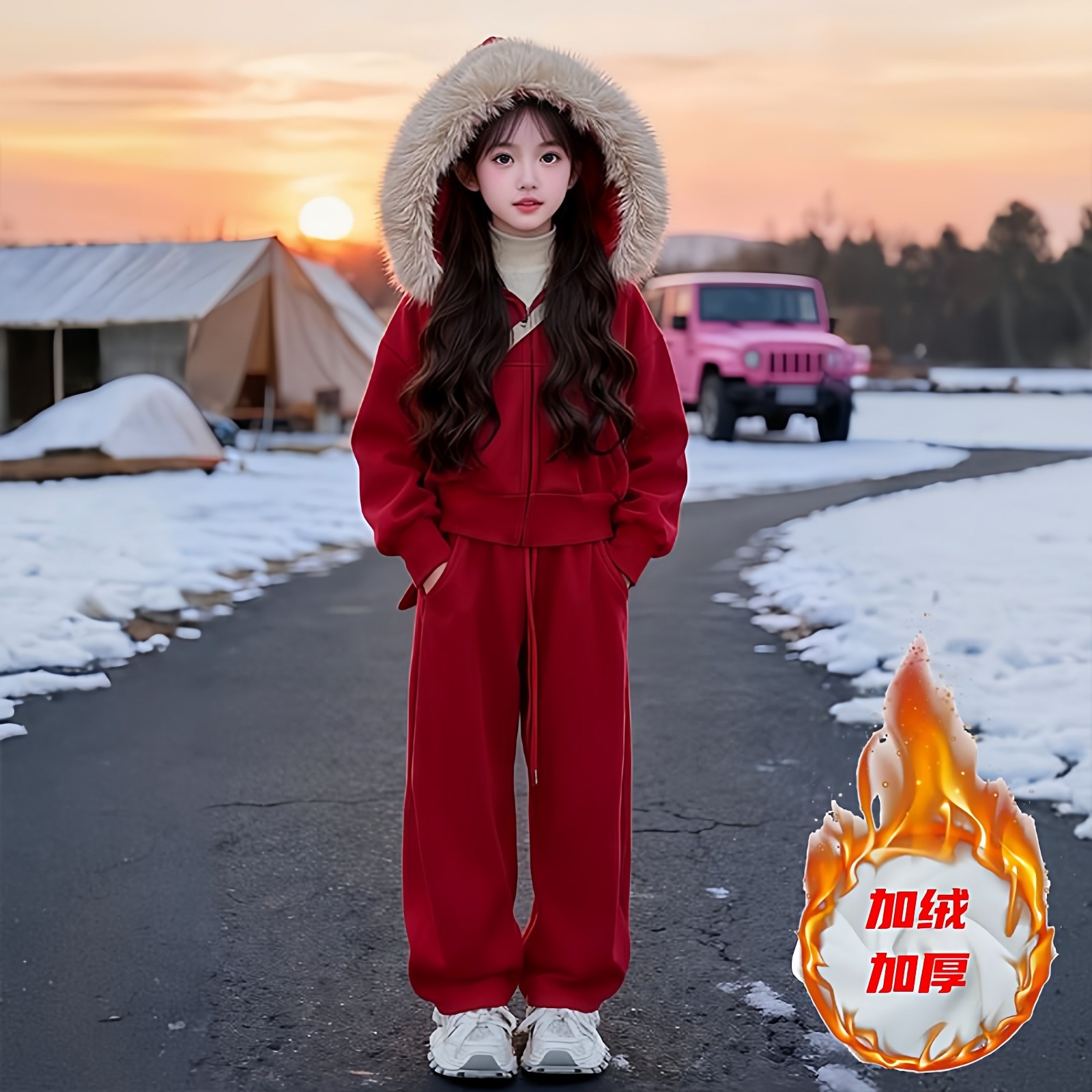 女童红色加绒套装冬装2026女孩本命年大毛领连帽卫衣阔腿裤两件套,童装/婴儿装/亲子装,套装,淘宝优惠券,粉丝福利购,淘宝优惠卷