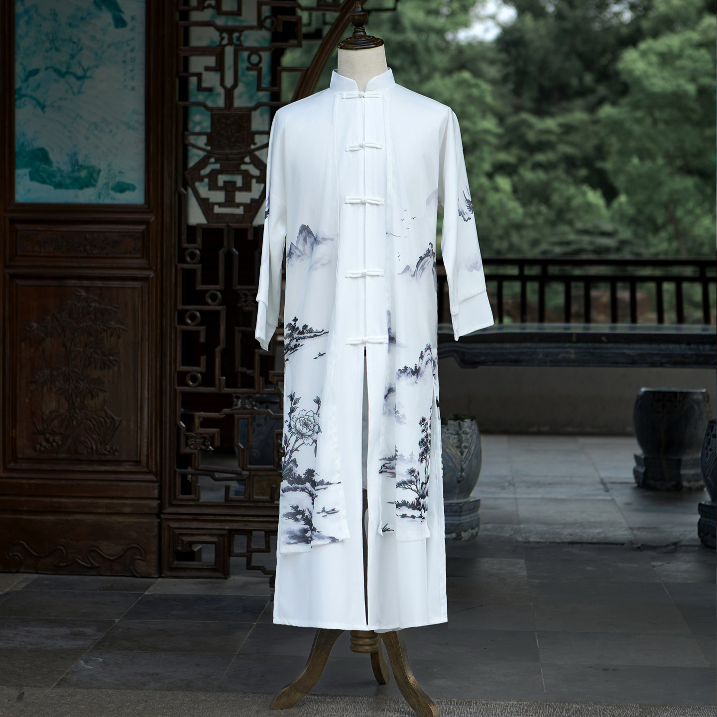 中国风水墨印花牡丹太极服茶艺