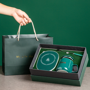 55度恒温陶瓷杯 马克杯 咖啡杯水杯带盖子勺子礼盒定制礼品广告LO