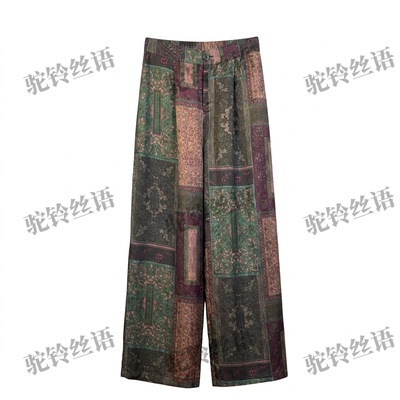 【丝路旧梦】新中式西域图腾香云纱阔腿裤女复古做旧垂坠感直筒裤
