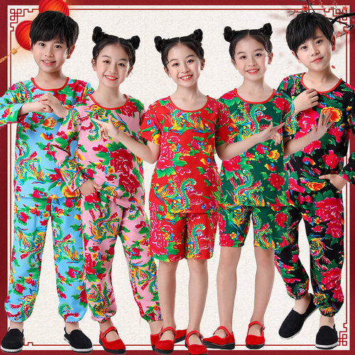 儿童村姑演出服东北大花布衣服装