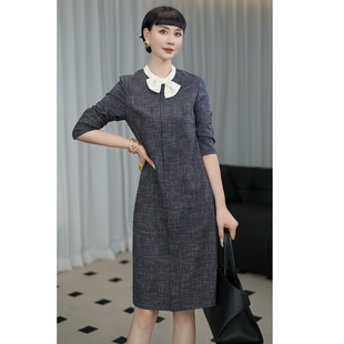 2025春新款时尚轻奢高级感气质显瘦优雅修身中长款蝴蝶结连衣裙女