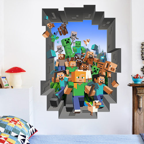 我的世界Minecraft run away立体3D小人挖矿自粘防水儿童房墙贴纸