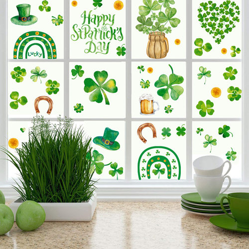 亚马逊圣帕特里克节St.Patrick's Day幸运草墙贴爱尔兰节静电贴纸
