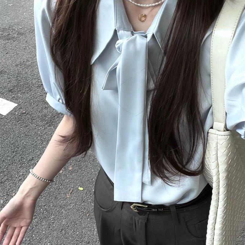 YNEN映恩 蓝色衬衫女夏季通勤面试百搭宽松高级感衬衫