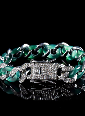 拍卖捡漏全新缅甸翡翠古巴链嘻哈潮流镶嵌钻锆石冰种手链手串带证