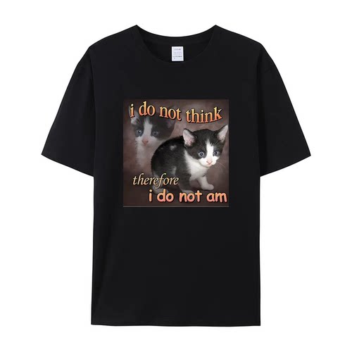 i do not think美式潮流卡通猫咪印花时尚男短袖T恤宽松休闲上衣
