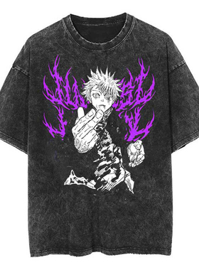 Jujutsu Kaisen Gojo Satoru男T恤复古水洗做旧纯棉上衣原宿街头