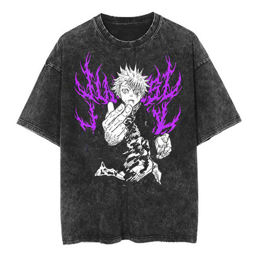 Jujutsu Kaisen Gojo Satoru男T恤复古水洗做旧纯棉上衣原宿街头