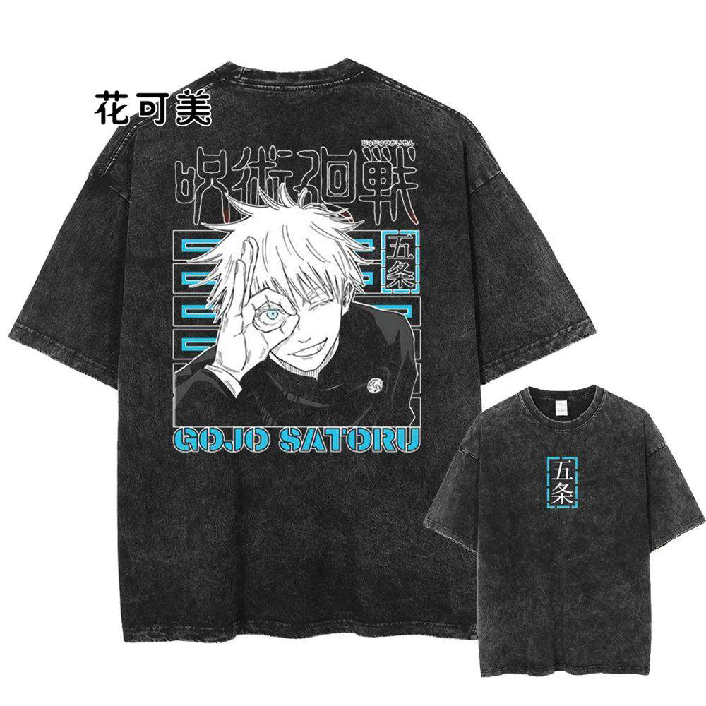 夏季欧美跨境咒术回战百搭水洗做旧短袖T恤美式复古动漫