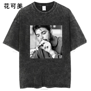 水洗做旧新款潮牌男女情侣学生百搭切格瓦拉抽烟圆领宽松短袖T恤