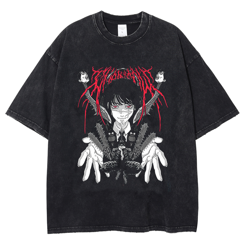 跨境Chainsaw man复古水洗T恤动漫电锯人男棉夏季短袖T恤男女原宿