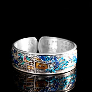 足银9999大克重100克烧蓝鱼跃龙门手镯宽版女士文艺复古国潮气质