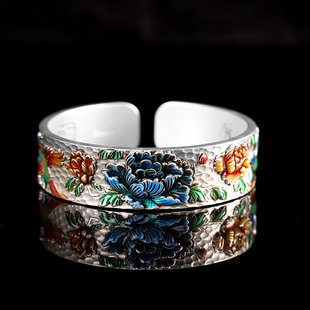 足银9999 大克重80克烧蓝牡丹银手镯开口宽版吉言女文艺复古国潮