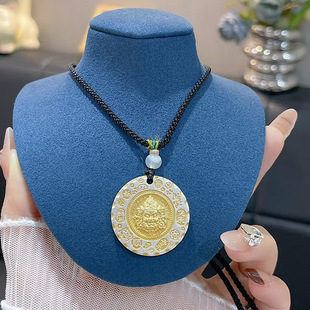 黄财神足银999描金银牌黑绳项链 平安喜乐毛衣链描金纯银吊坠男女