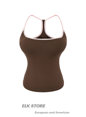 美式辣妹纯欲黄色撞色修身显瘦吊带背心女夏季百搭氛围感胸垫上衣