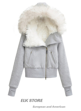 拆卸毛领棉衣卫衣外套女冬季短款棉袄设计感灰色内胆保暖棉服上衣