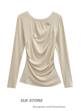 韩版黑色褶皱性感羊绒打底衫女秋冬圆领纯欲遮肉显瘦修身长袖t恤