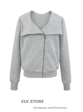 黑色百搭连帽卫衣女秋季新款外套修身百搭设计感翻领美式开衫上衣