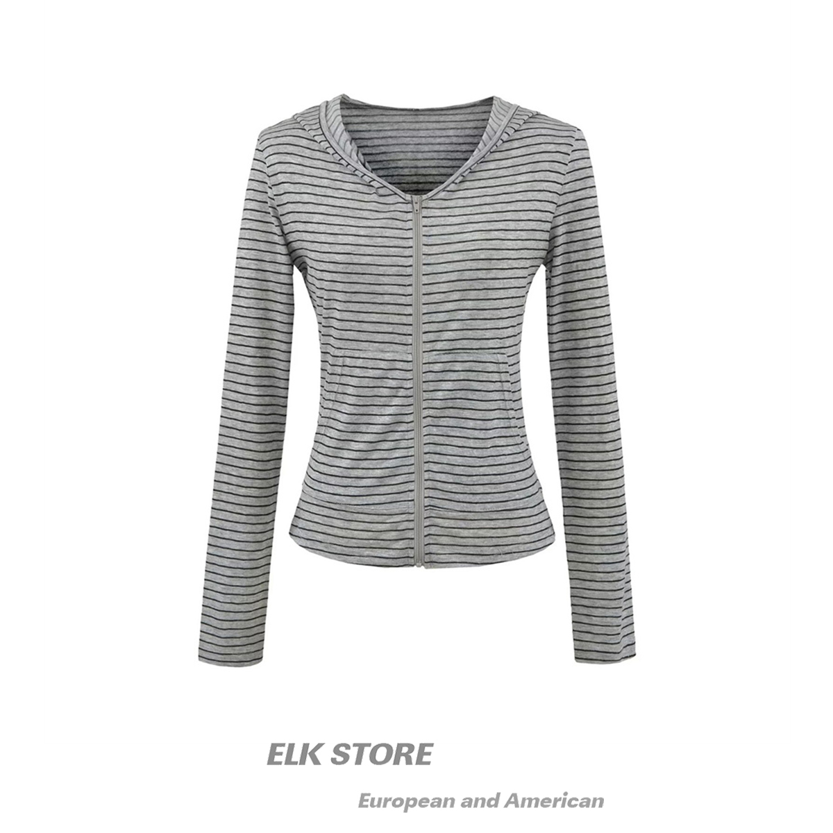 慵懒风早秋条纹连帽长袖开衫外套