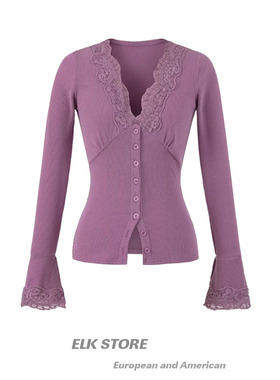 韩系御姐性感紫色蕾丝长袖t恤女秋季气质收腰紧身设计感打底上衣