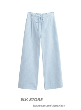 美式复古蓝色格子阔腿休闲裤女清凉感夏季新款低腰宽松裤子直筒裤