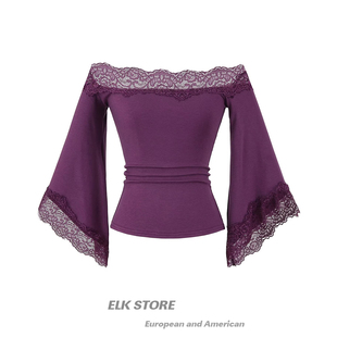 温柔佳人纯欲一字露肩七分喇叭袖 收腰蕾丝拼接上衣 t恤女早秋修身