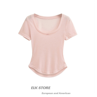 女褶皱收腰u领上衣 白色短袖 韩系性感辣妹蛮腰大胸基础t恤夏季 新款