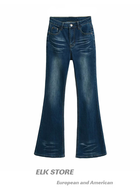 美式复古蓝色微喇牛仔裤女辣妹修身猫须纹显瘦喇叭裤休闲拖地裤子