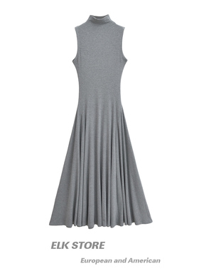 法式小众立领无袖收腰连衣裙夏季垂顺灰色优雅修身显瘦包臀长裙