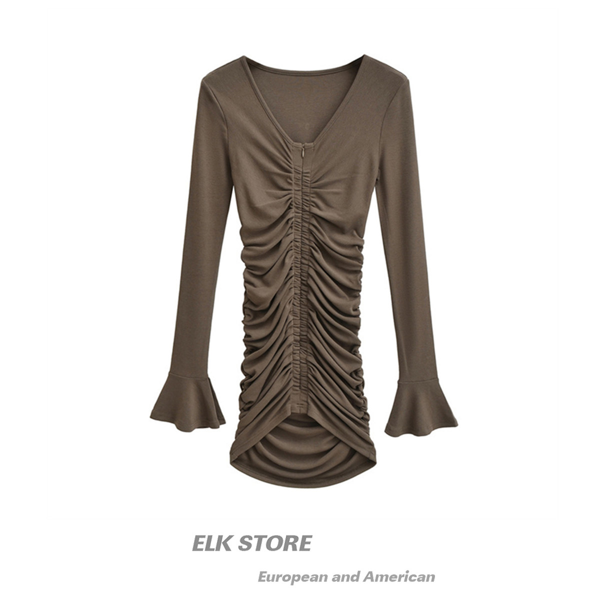 纯欲v领性感两面穿修身抽褶遮肉连衣裙女喇叭袖弹力包臀裙子短裙,女装/女士精品,连衣裙,淘宝优惠券,粉丝福利购,淘宝优惠卷