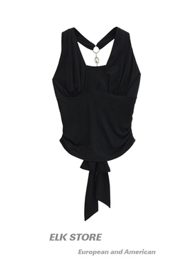 美式黑色露背挂脖蝴蝶结吊带背心女夏季外穿镂空设计感无袖上衣