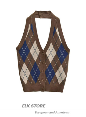 宋智雅同款菱格挂脖针织背心女春夏新款撞色韩版修身吊带纯欲上衣