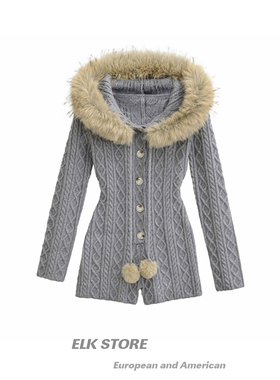 涩谷辣妹灰色修身显瘦连帽小毛领连体裤女秋冬百搭时髦紧身短裤子