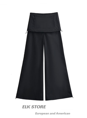 辣妹休闲速干阔腿裙裤女初秋高腰街头黑色拖地裤假两件伞兵工装裤